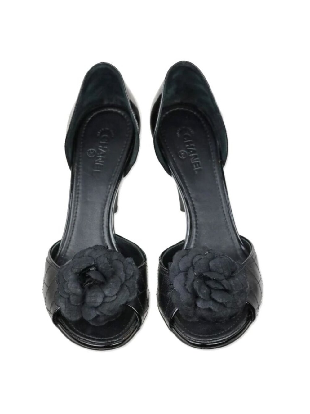 Chanel Black Quilted D'Orsay Peep Toe Camellia Flower Pumps EU 37.5 MSRP $1,195
